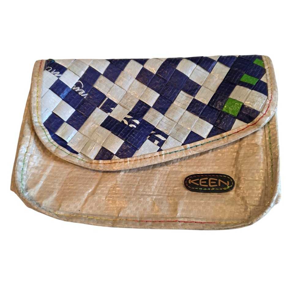 Keen Harvest Recycled Woven Rice Bag Pouch Clutch Blue White Checkered
